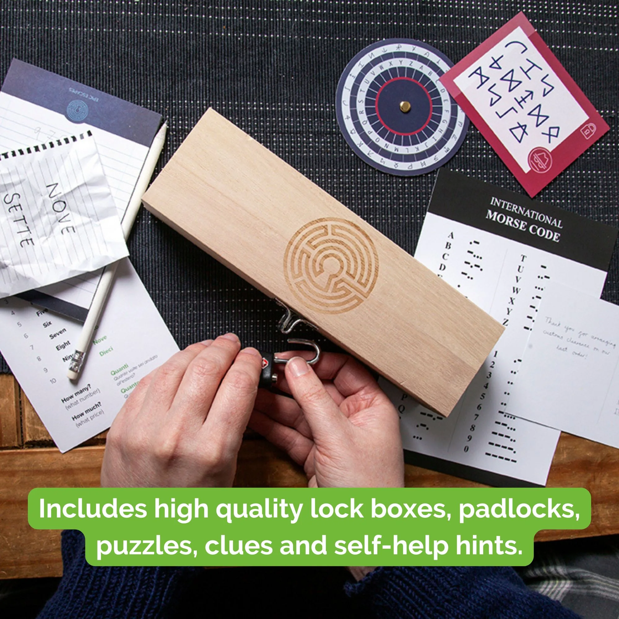 Includes high quality lock boxes, padlocks, puzzles, clues and self-help hints